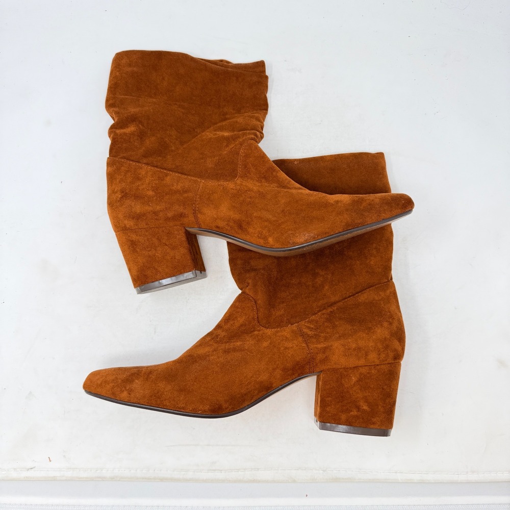 Steve Madden‎ Suede Ankle Boots Cognac Pointed Toe Block Heel Pull On 9.5